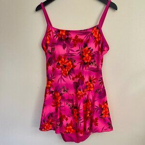 Kathy Ireland Hot Pink Tropical One Piece Swim Dress, Size 16